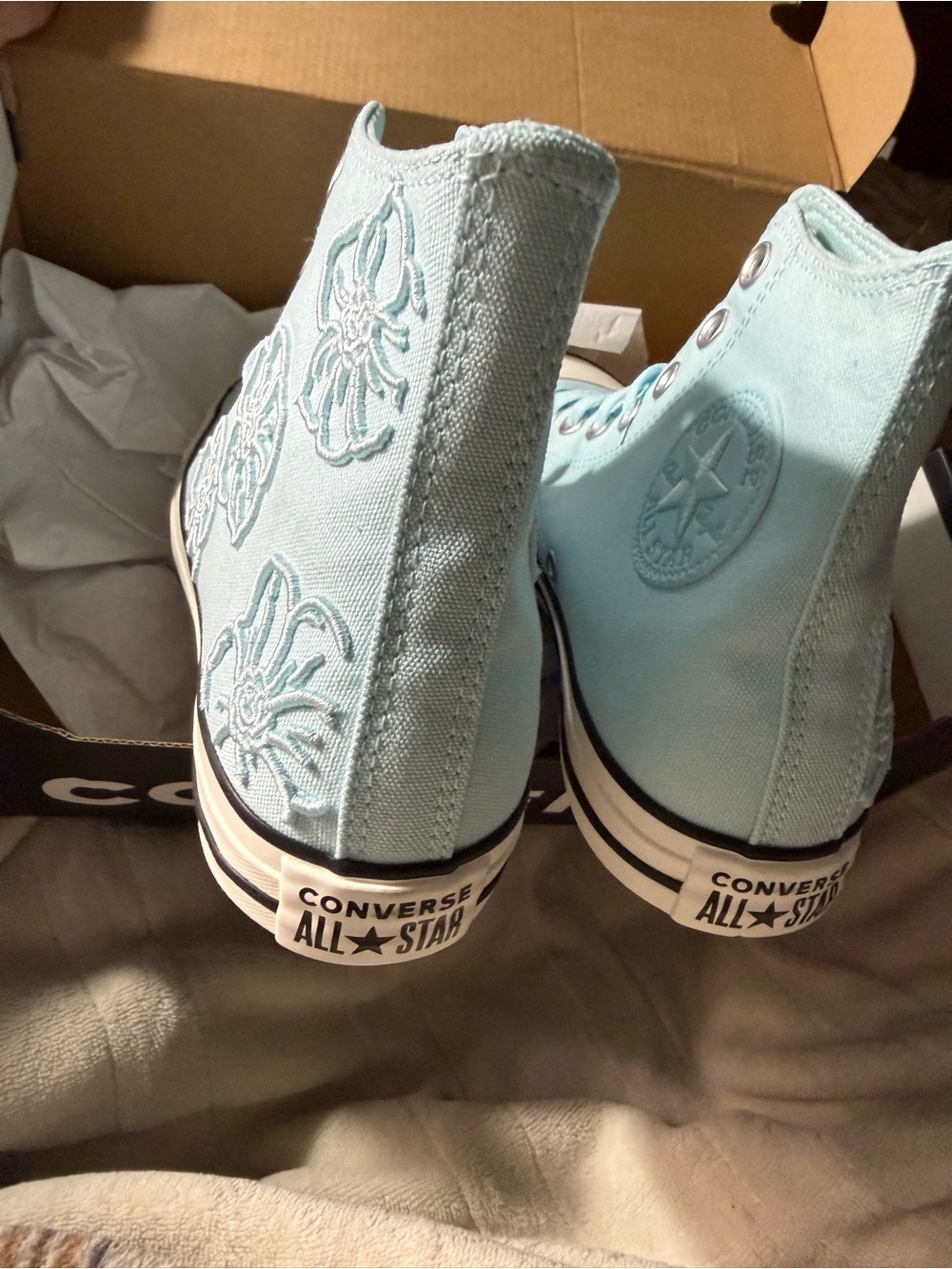Converse High Top Sneakers in Pale Blue with Embroidered Floral Detail - Picture 3 of 7